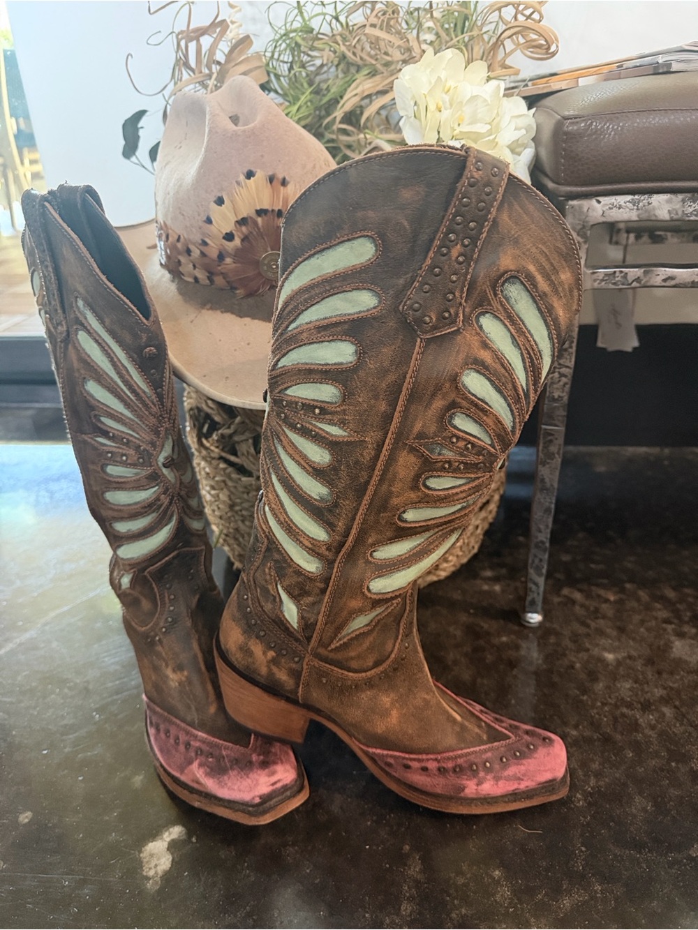 LIBERTY Black Brown, Mint & Pink Distressed Western Heeled Boots
Women’s size 9